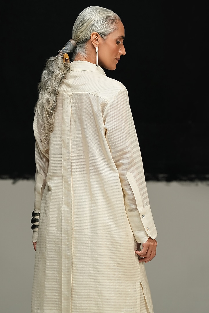 Ecru Handwoven Maheshwari Silk Striped Straight Tunic by Urvashi Kaur at Pernia's Pop Up Shop