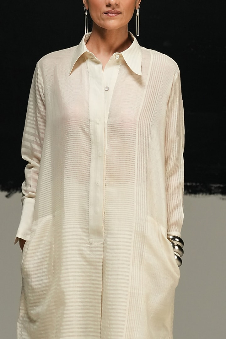Ecru Handwoven Maheshwari Silk Striped Straight Tunic by Urvashi Kaur at Pernia's Pop Up Shop