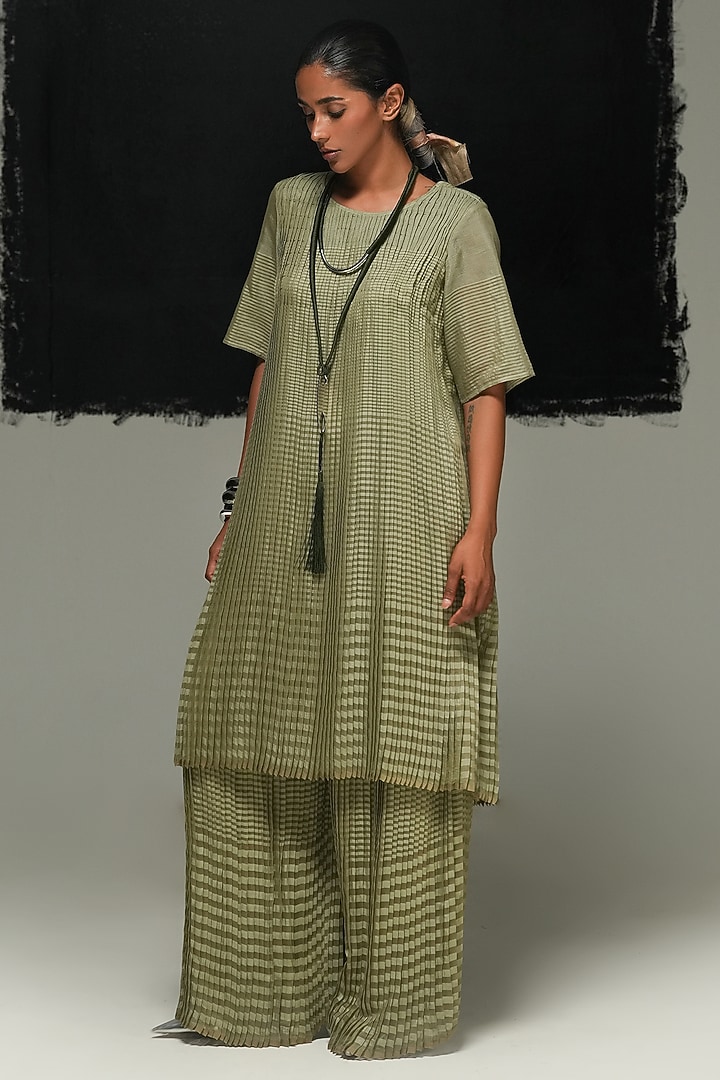 Sage Green Maheshwari Silk Block Printed Pleated Tunic by Urvashi Kaur at Pernia's Pop Up Shop