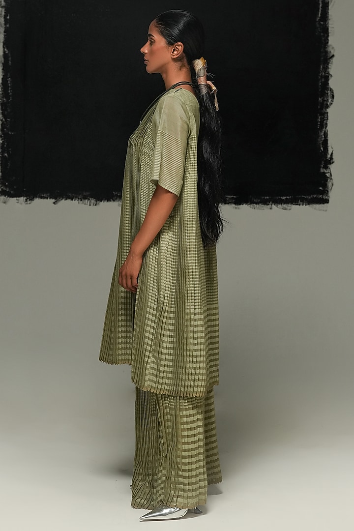 Sage Green Maheshwari Silk Block Printed Pleated Tunic by Urvashi Kaur at Pernia's Pop Up Shop