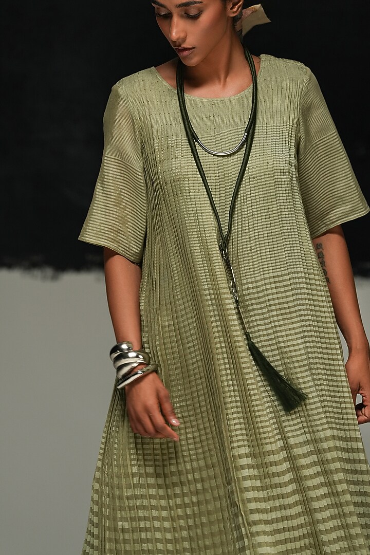 Sage Green Maheshwari Silk Block Printed Pleated Tunic by Urvashi Kaur at Pernia's Pop Up Shop