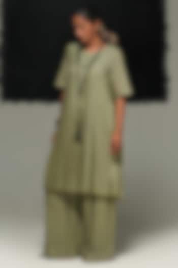 Sage Green Handwoven Chanderi Silk Pleated Pants by Urvashi Kaur at Pernia's Pop Up Shop