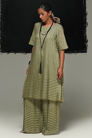 Sage Green Handwoven Chanderi Silk Pleated Pants by Urvashi Kaur