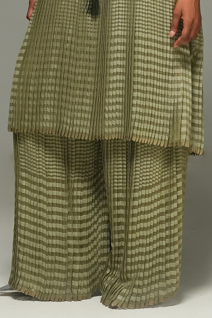 Sage Green Handwoven Chanderi Silk Pleated Pants by Urvashi Kaur at Pernia's Pop Up Shop