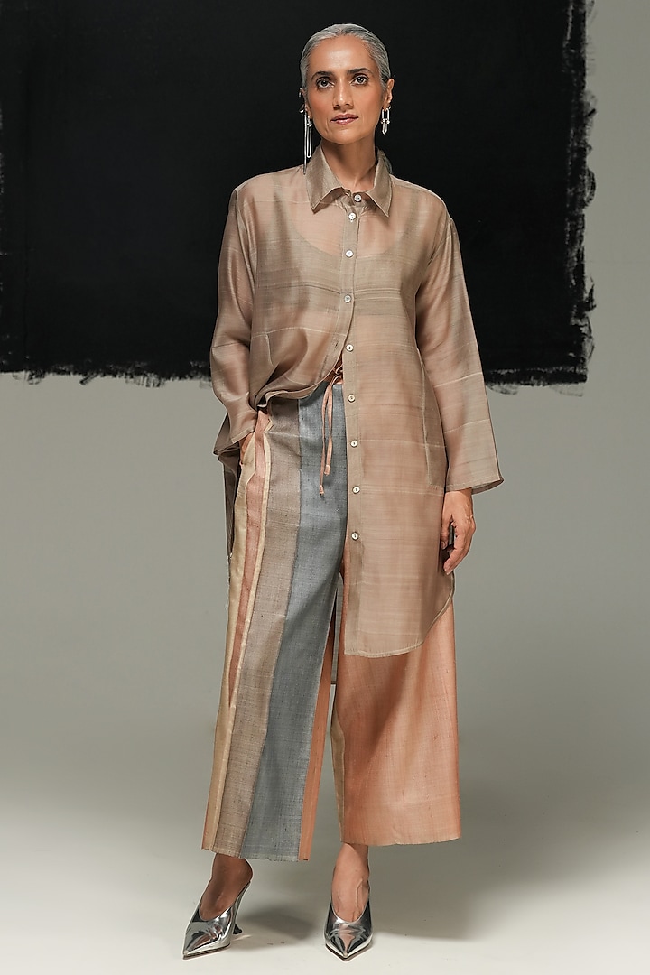 Warm Grey Handwoven Chanderi Silk Shirt by Urvashi Kaur at Pernia's Pop Up Shop