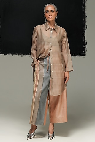 Warm Grey Handwoven Chanderi Silk Shirt by Urvashi Kaur