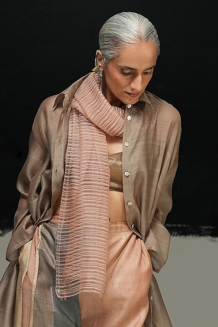 Warm Grey Handwoven Chanderi Silk Shirt by Urvashi Kaur at Pernia's Pop Up Shop