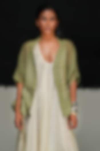 Sage Green Handwoven Kota Gathered Jacket by Urvashi Kaur at Pernia's Pop Up Shop