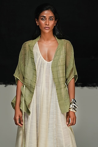 Sage Green Handwoven Kota Gathered Jacket by Urvashi Kaur