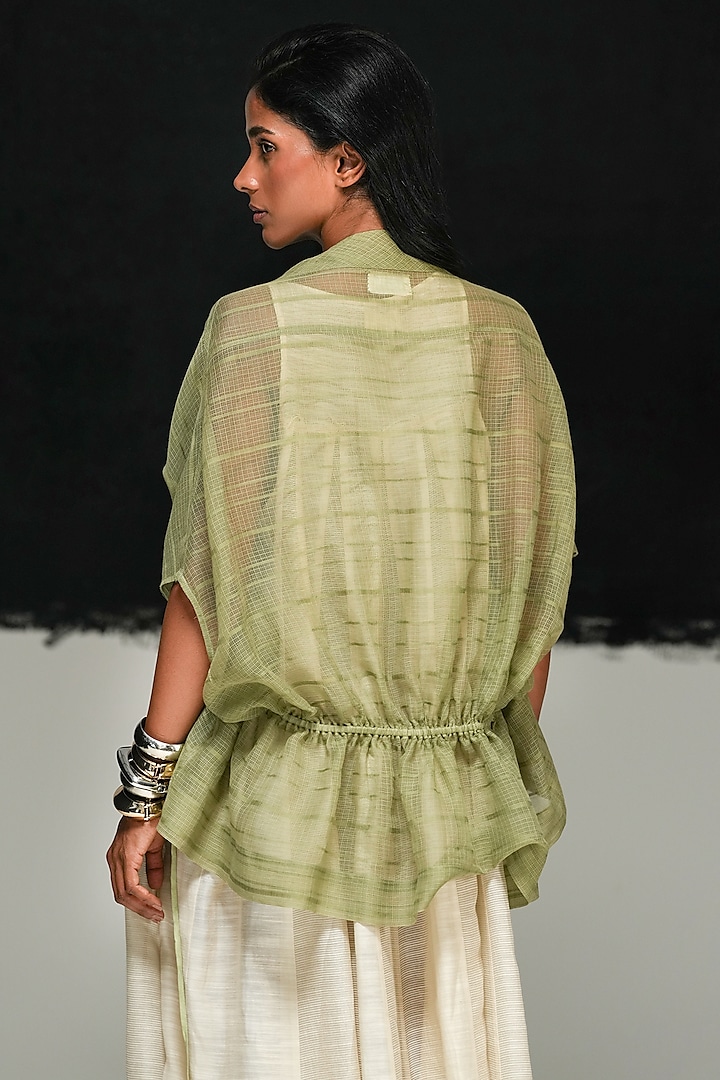 Sage Green Handwoven Kota Gathered Jacket by Urvashi Kaur at Pernia's Pop Up Shop