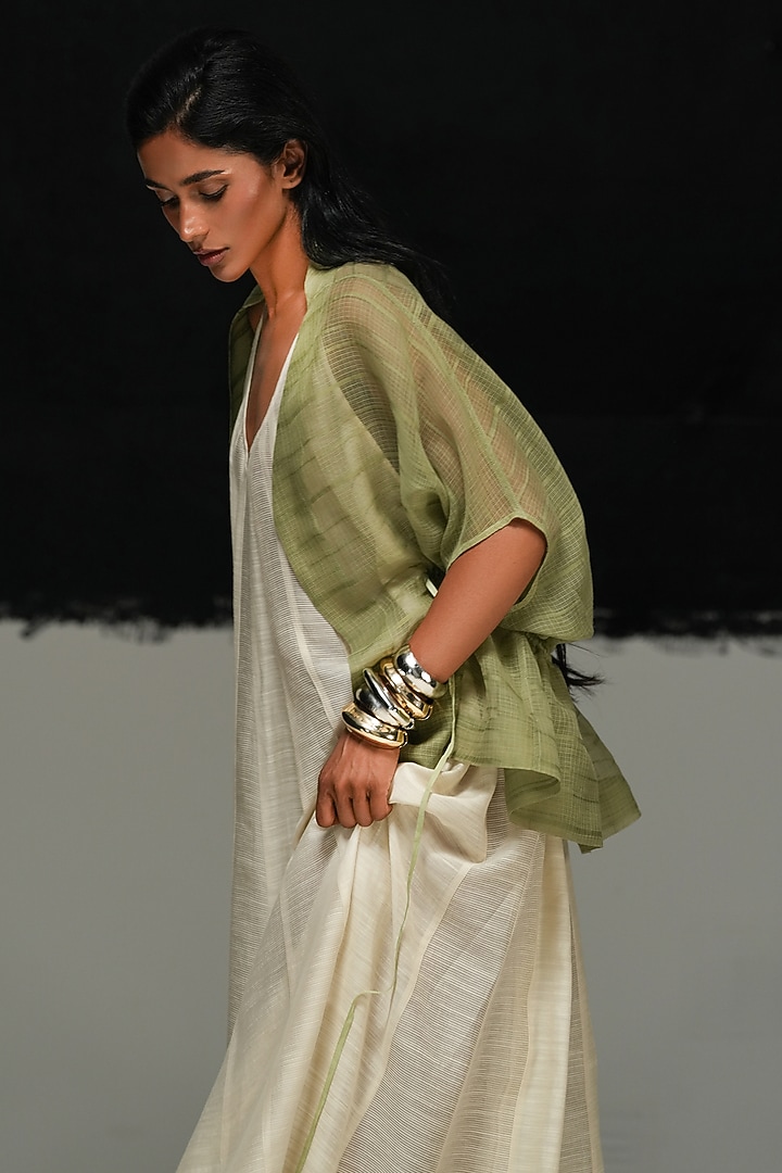 Sage Green Handwoven Kota Gathered Jacket by Urvashi Kaur at Pernia's Pop Up Shop