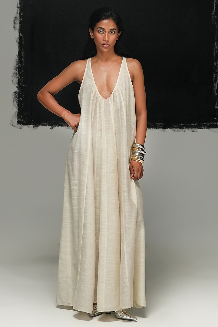 Shell-Colored Cotton SIlk Panelled Vacation Dress by Urvashi Kaur at Pernia's Pop Up Shop