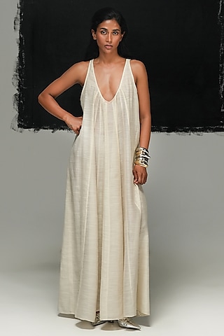 Shell-Colored Cotton SIlk Panelled Dress by Urvashi Kaur