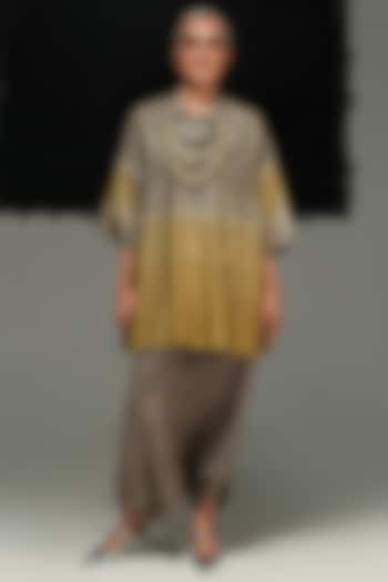 Warm Grey Tussar Silk Tie-Dye Hand Woven Top by Urvashi Kaur at Pernia's Pop Up Shop