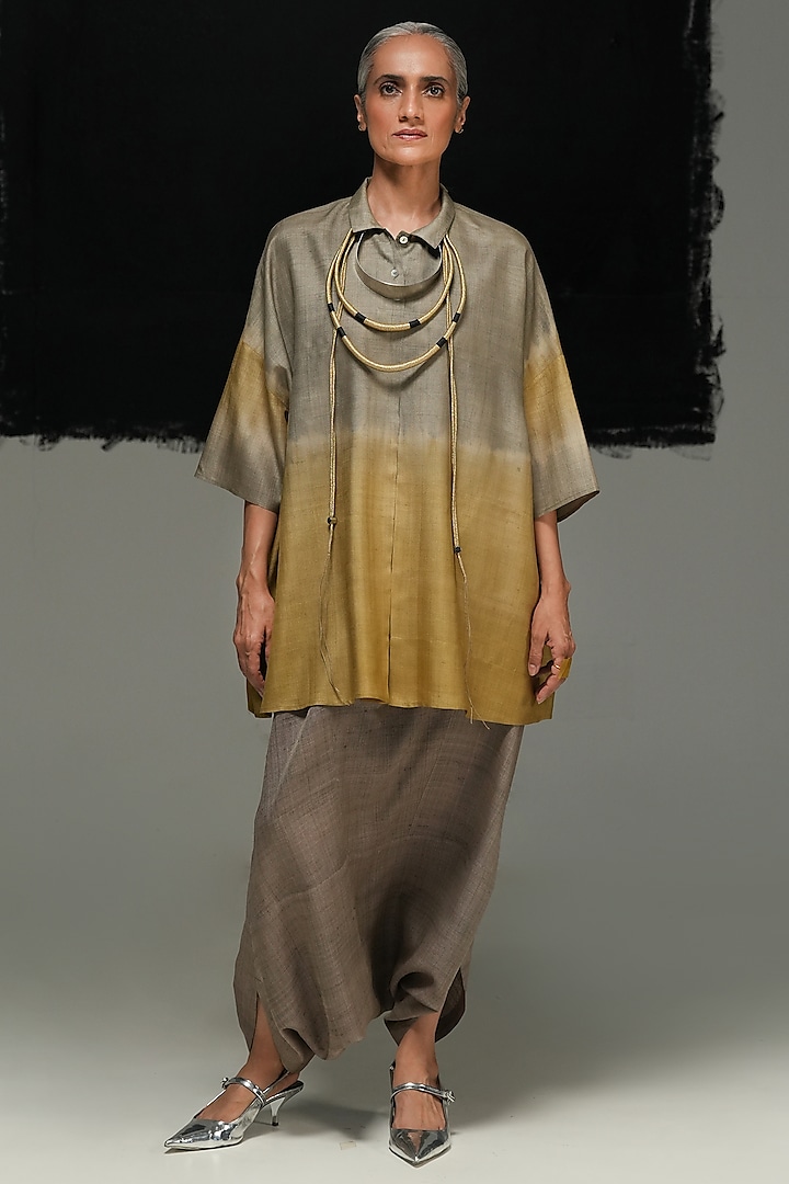 Warm Grey Tussar Silk Tie-Dye Hand Woven Top by Urvashi Kaur at Pernia's Pop Up Shop