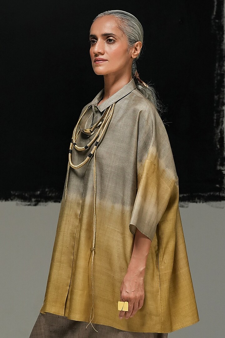 Warm Grey Tussar Silk Tie-Dye Hand Woven Top by Urvashi Kaur at Pernia's Pop Up Shop