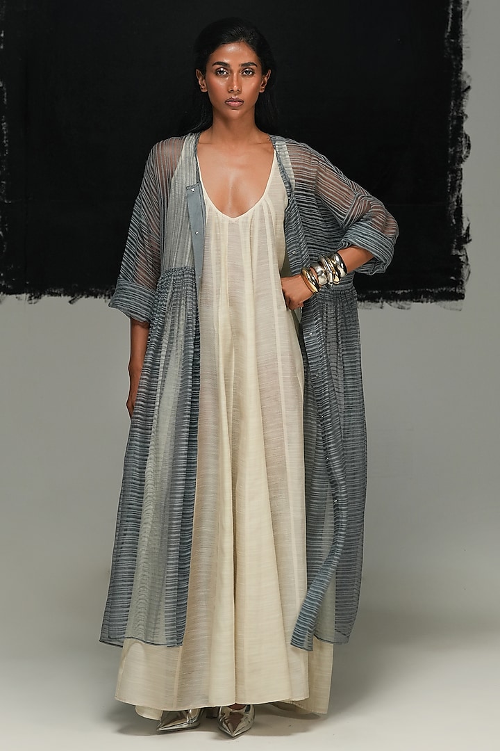 Warm Grey Linen Noil Sheer Overlay by Urvashi Kaur at Pernia's Pop Up Shop