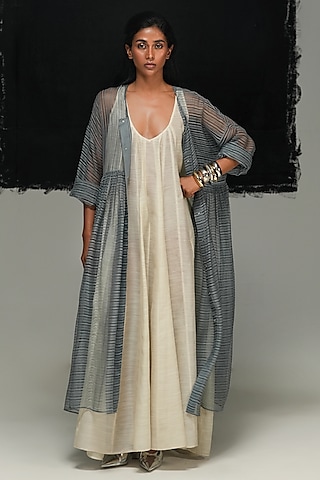 Warm Grey Linen Noil Sheer Overlay by Urvashi Kaur