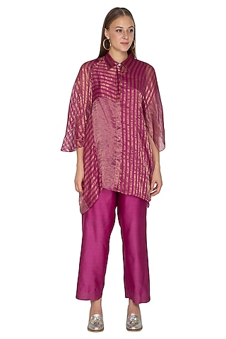 Fuchsia Striped Round Neck Shirt by Urvashi Kaur