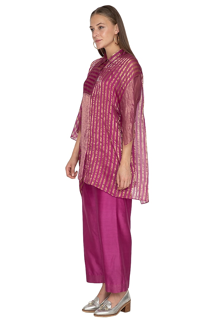 Fuchsia Striped Round Neck Shirt by Urvashi Kaur at Pernia's Pop Up Shop