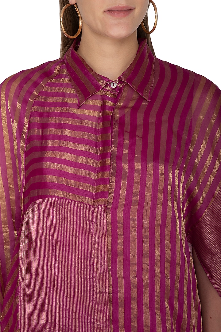 Fuchsia Striped Round Neck Shirt by Urvashi Kaur at Pernia's Pop Up Shop