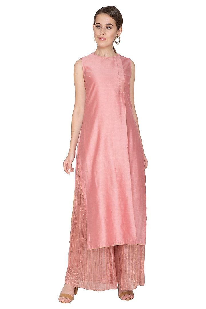 Pink Sleeveless Woven Tunic by Urvashi Kaur