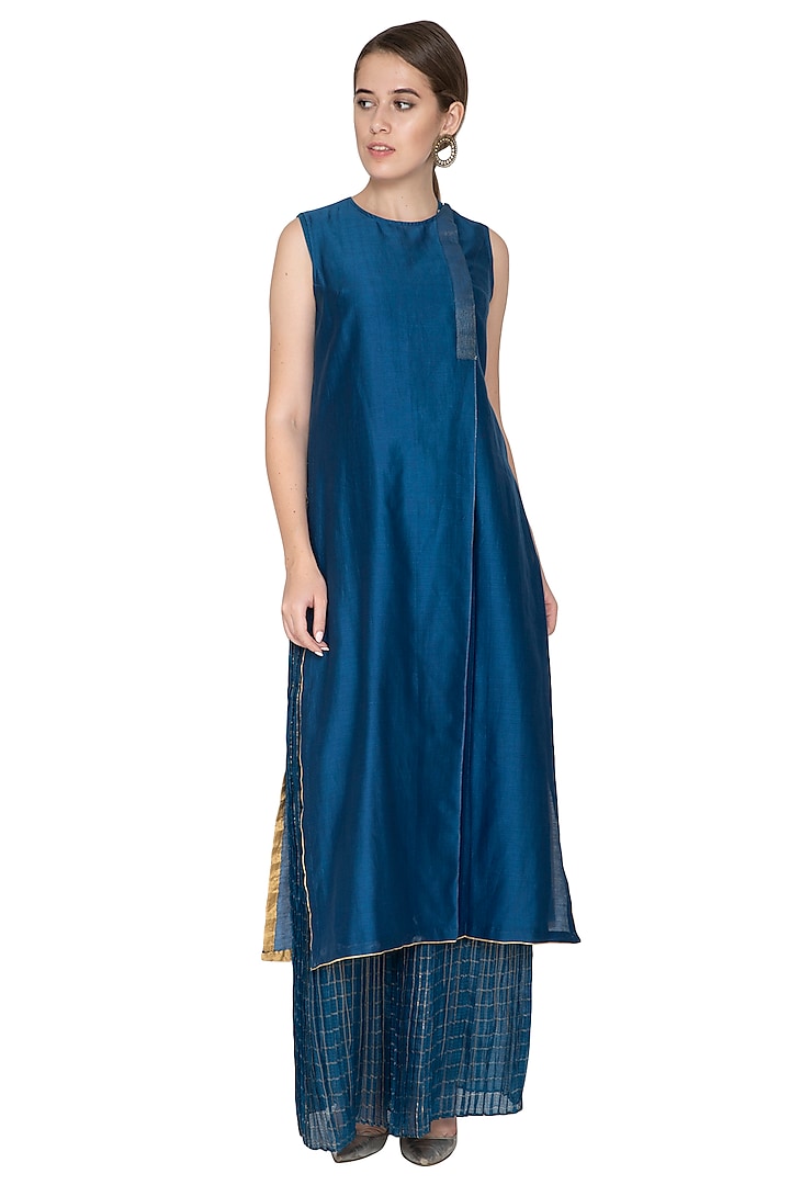 Blue Sleeveless Woven Tunic by Urvashi Kaur