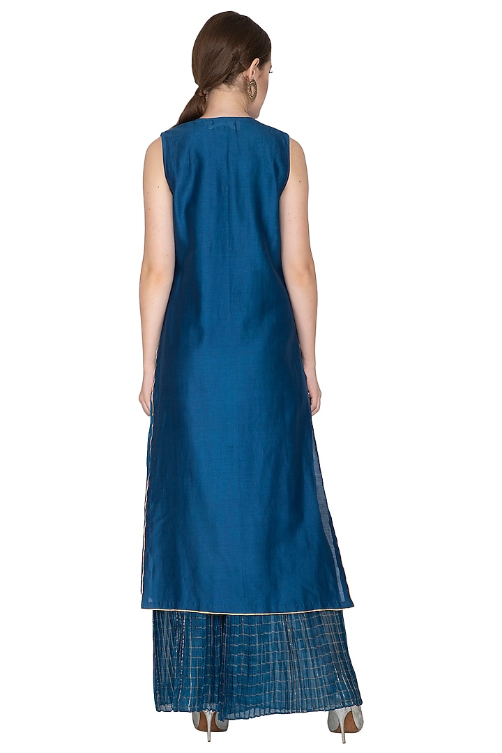 Blue Sleeveless Woven Tunic by Urvashi Kaur at Pernia's Pop Up Shop