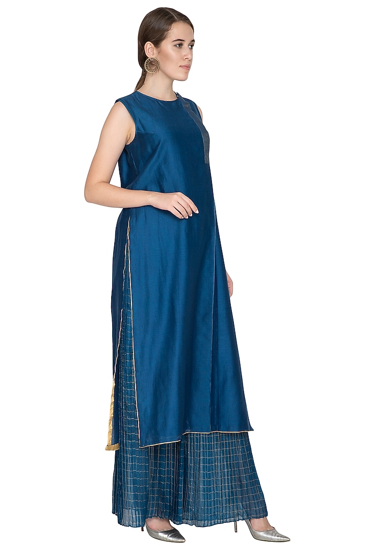 Blue Sleeveless Woven Tunic by Urvashi Kaur at Pernia's Pop Up Shop