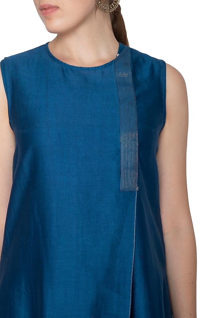 Blue Sleeveless Woven Tunic by Urvashi Kaur at Pernia's Pop Up Shop