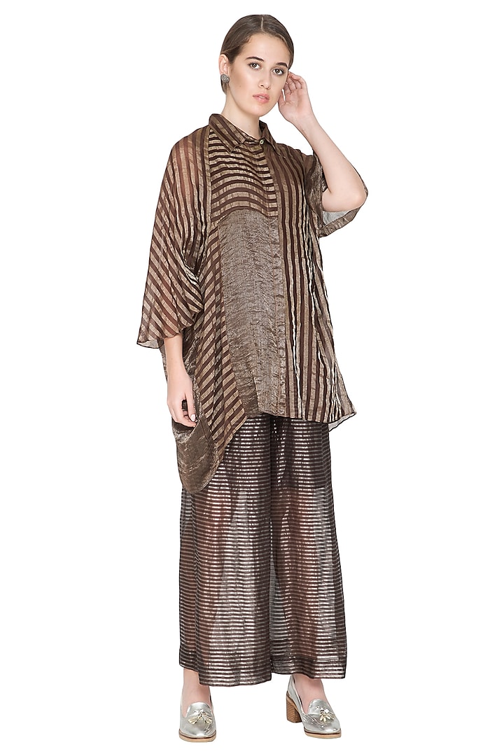 Brown Striped Woven Shirt by Urvashi Kaur