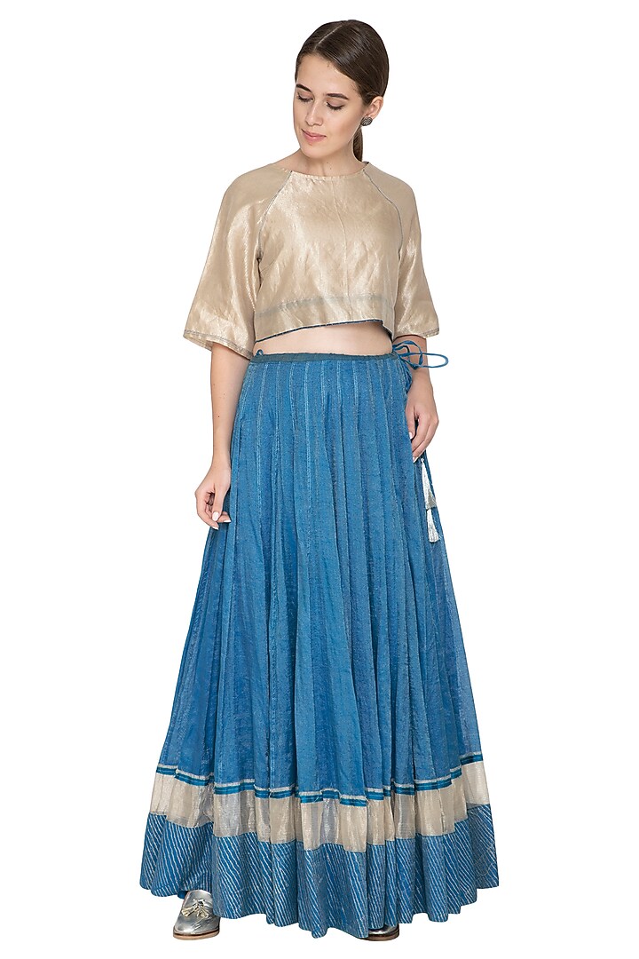 Blue Block Printed Skirt by Urvashi Kaur at Pernia's Pop Up Shop