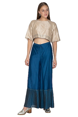 Blue Woven Pleated Pants by Urvashi Kaur