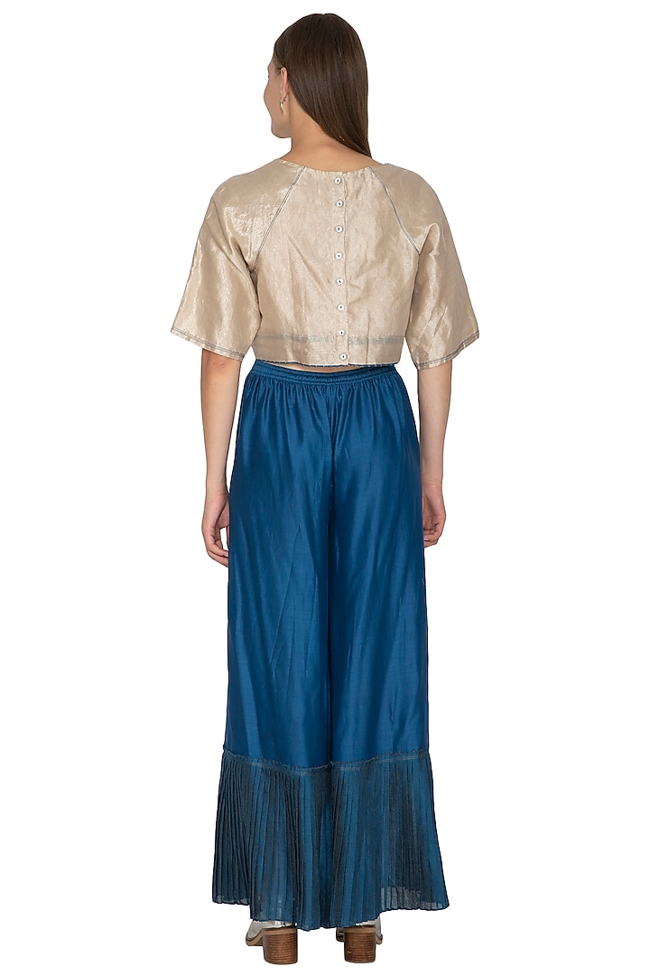 Blue Woven Pleated Pants by Urvashi Kaur at Pernia's Pop Up Shop