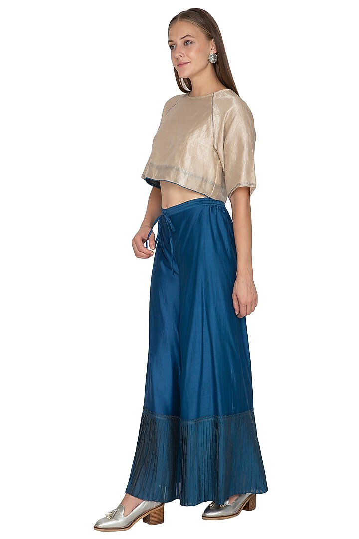 Blue Woven Pleated Pants by Urvashi Kaur at Pernia's Pop Up Shop