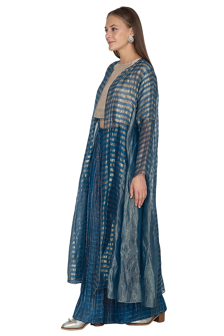 Blue Zari Striped Shrug Jacket by Urvashi Kaur at Pernia's Pop Up Shop