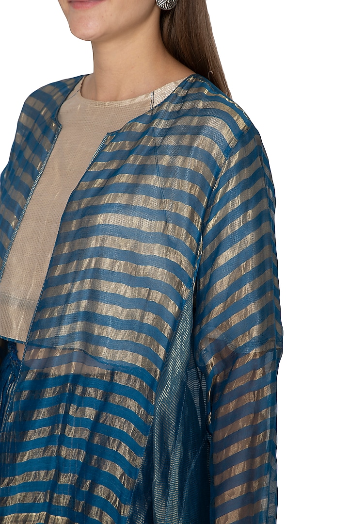 Blue Zari Striped Shrug Jacket by Urvashi Kaur at Pernia's Pop Up Shop