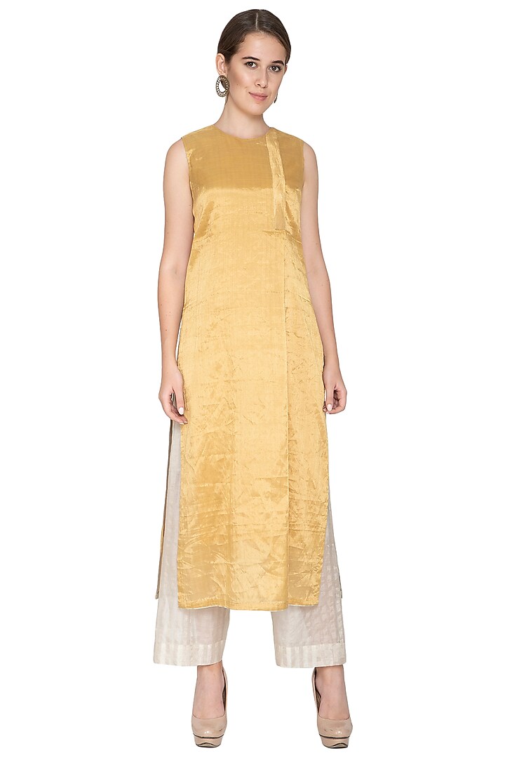 Golden Sleeveless Tissue Silk Tunic by Urvashi Kaur