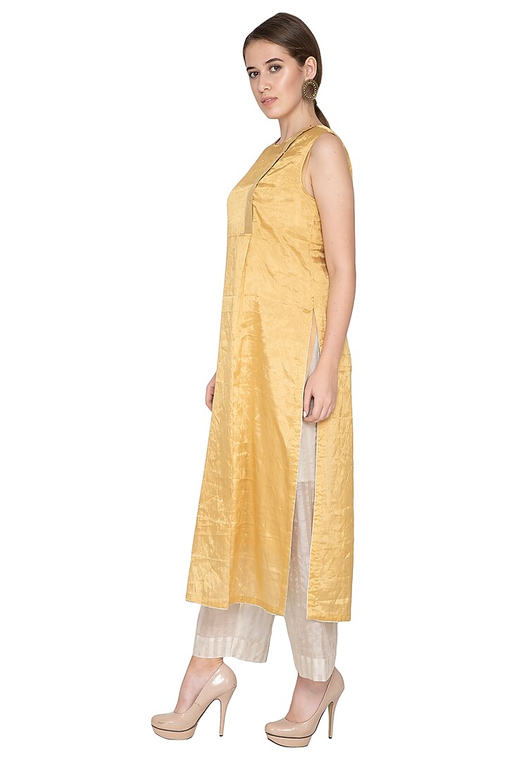 Golden Sleeveless Tissue Silk Tunic by Urvashi Kaur at Pernia's Pop Up Shop