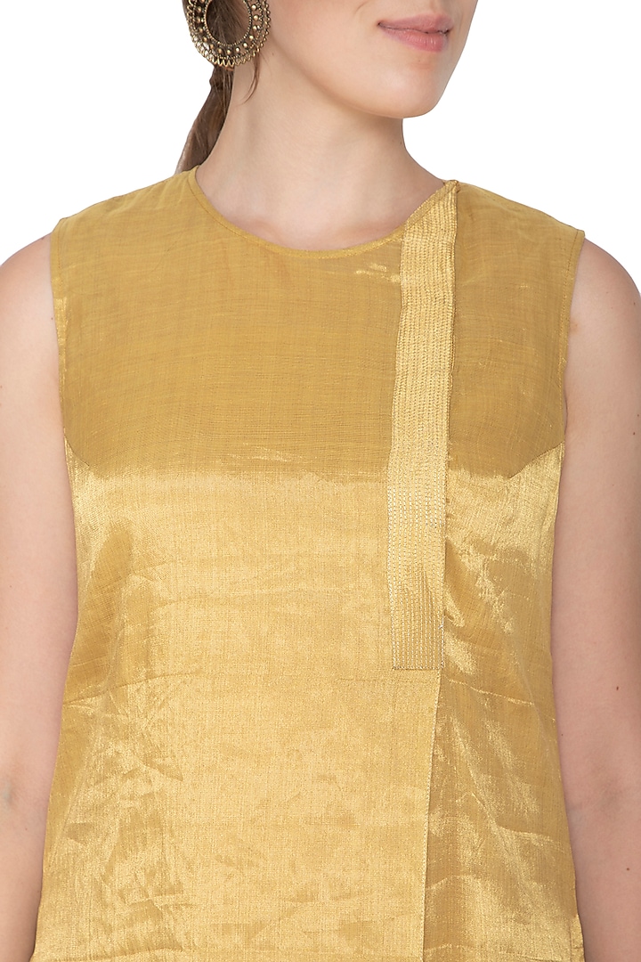 Golden Sleeveless Tissue Silk Tunic by Urvashi Kaur at Pernia's Pop Up Shop
