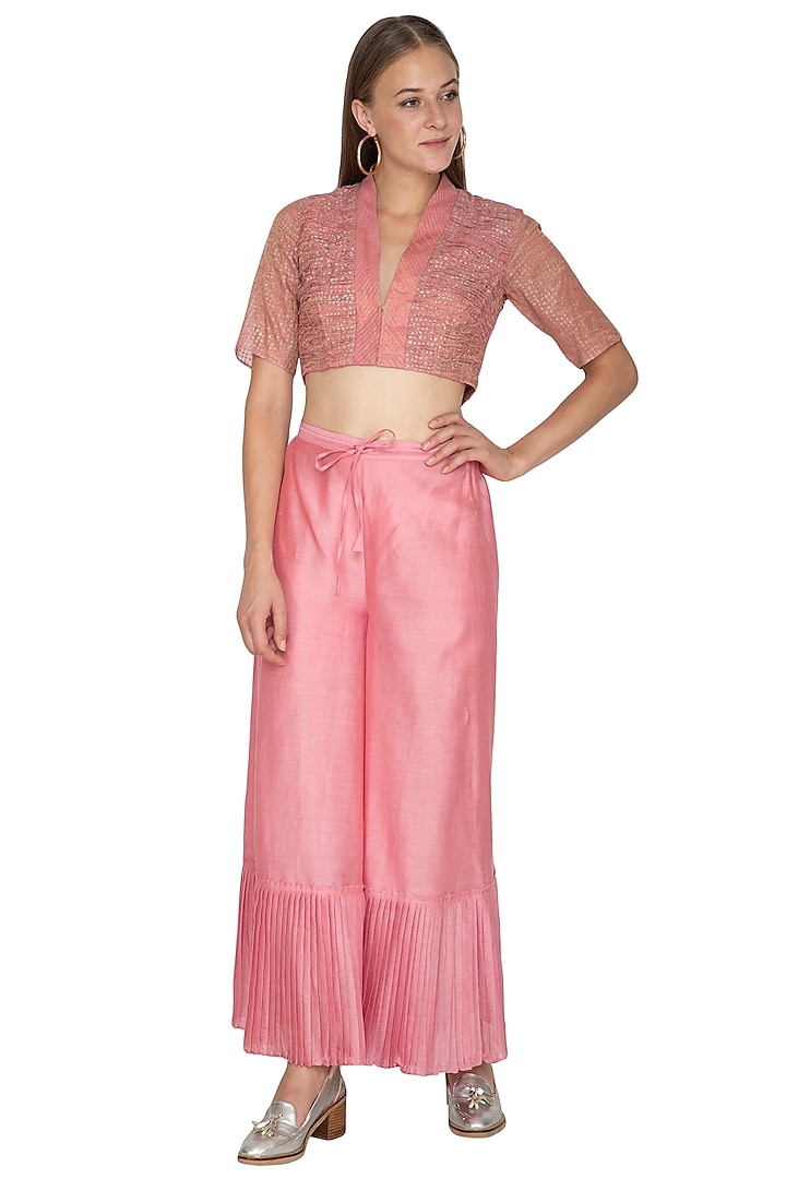 Pink Chanderi Silk Pleated Pants by Urvashi Kaur