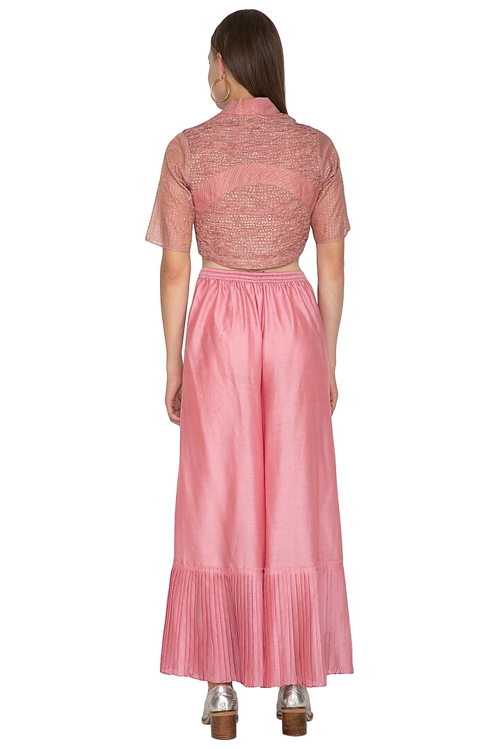 Pink Chanderi Silk Pleated Pants by Urvashi Kaur at Pernia's Pop Up Shop
