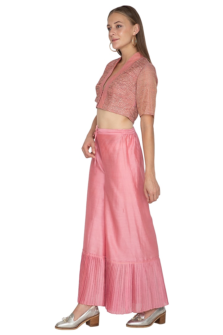 Pink Chanderi Silk Pleated Pants by Urvashi Kaur at Pernia's Pop Up Shop