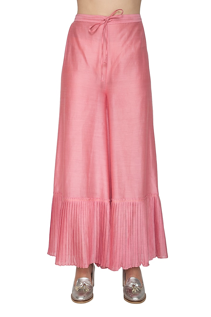 Pink Chanderi Silk Pleated Pants by Urvashi Kaur at Pernia's Pop Up Shop