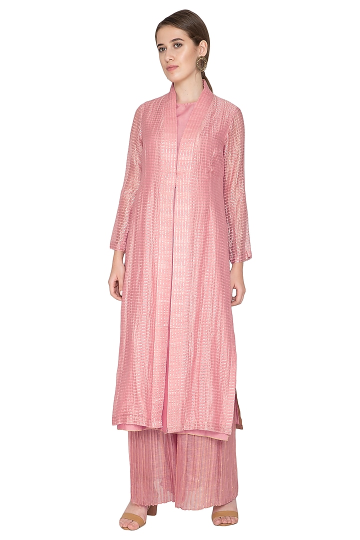 Pink Tissue Zari Embellished Jacket by Urvashi Kaur at Pernia's Pop Up Shop