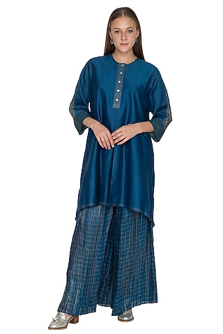 Blue Pleated Palazzo Pants by Urvashi Kaur