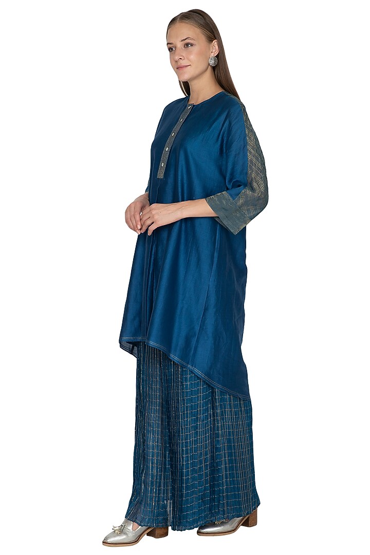 Blue Pleated Palazzo Pants by Urvashi Kaur at Pernia's Pop Up Shop