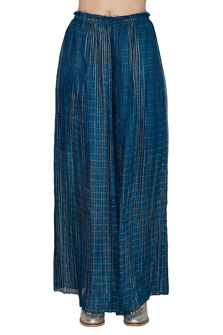 Blue Pleated Palazzo Pants by Urvashi Kaur at Pernia's Pop Up Shop