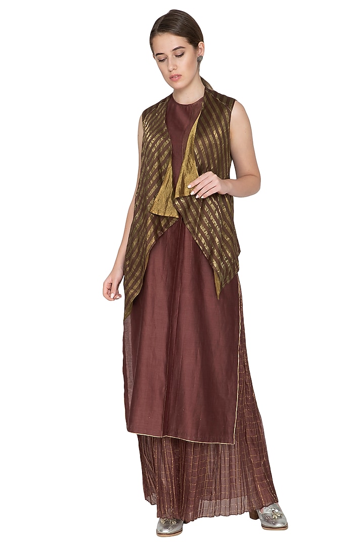 Brown & Golden Reversible Jacket by Urvashi Kaur at Pernia's Pop Up Shop