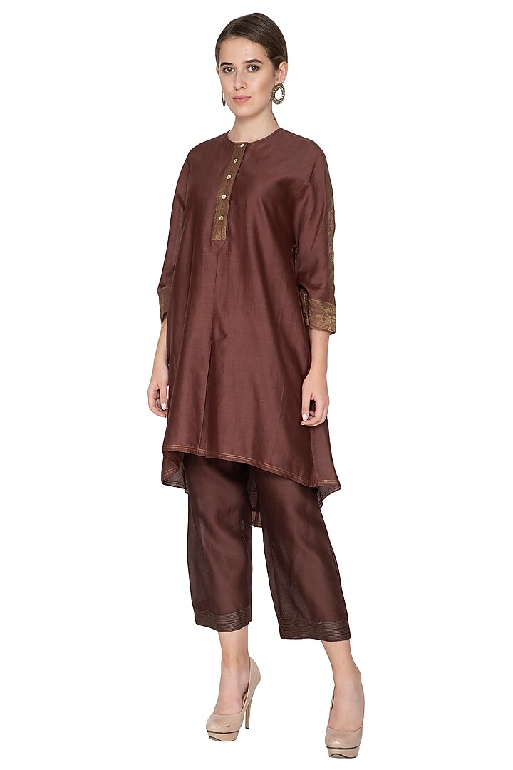 Brown Embellished Chanderi Silk Pants by Urvashi Kaur at Pernia's Pop Up Shop